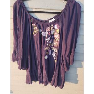 Vintage America 2X Gauze Embroidered Navy Blue Peasant Boho Top Balloon Sleeve